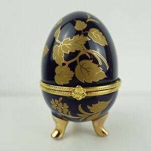 Vintage Porcelain Egg Trinket Box Hand Painted Cobalt Blue & Gold